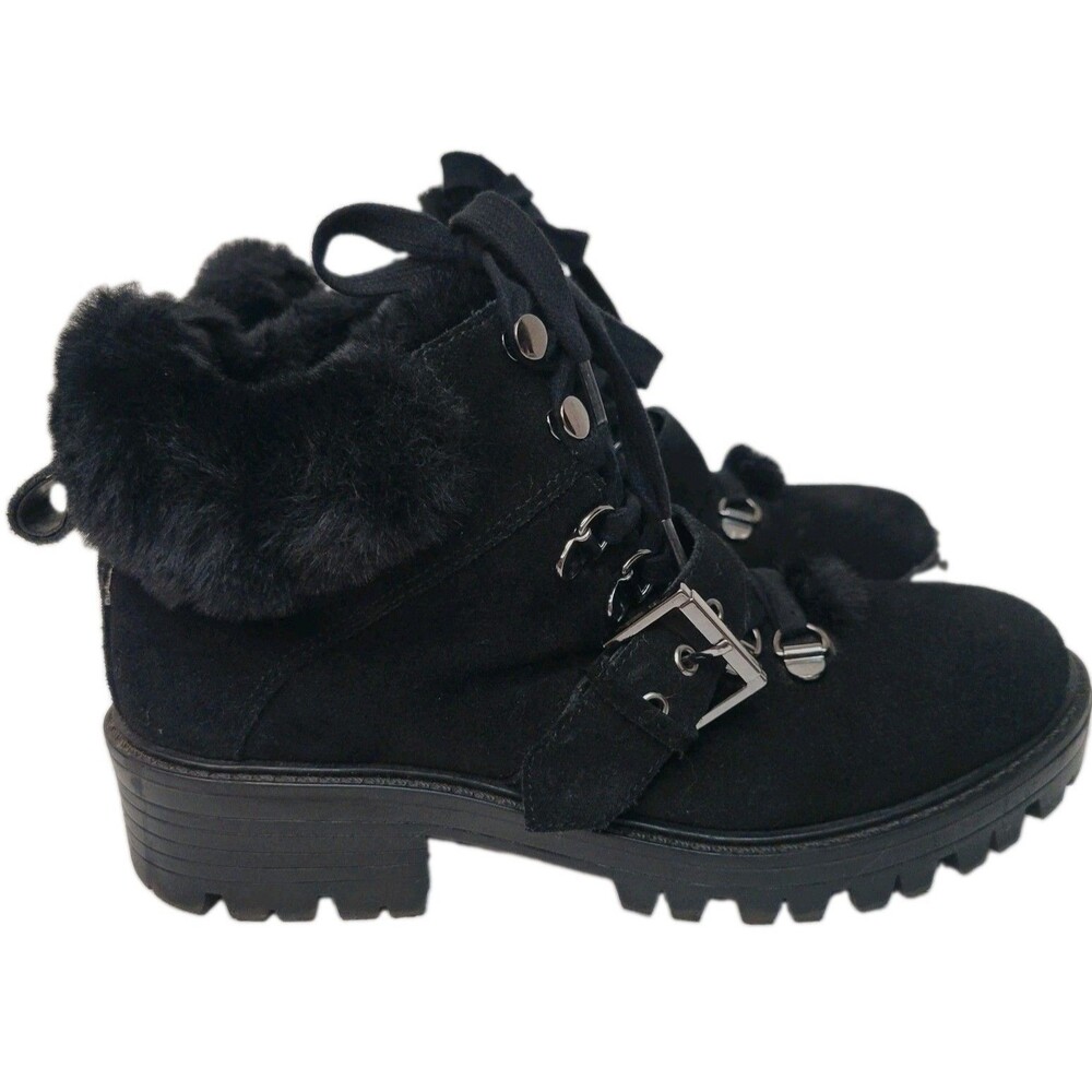Kendall + Kylie Edison Black Leather Combat Boots Fur Trim Size 8M
